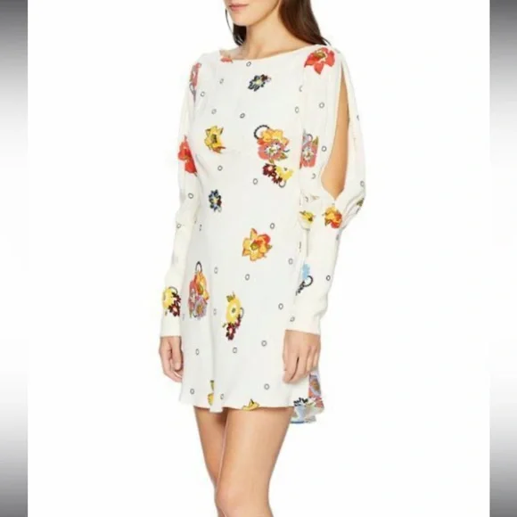 Free People ivory “Sunshadow” floral slit sleeve mini dress Size 2 - Picture 4 of 8